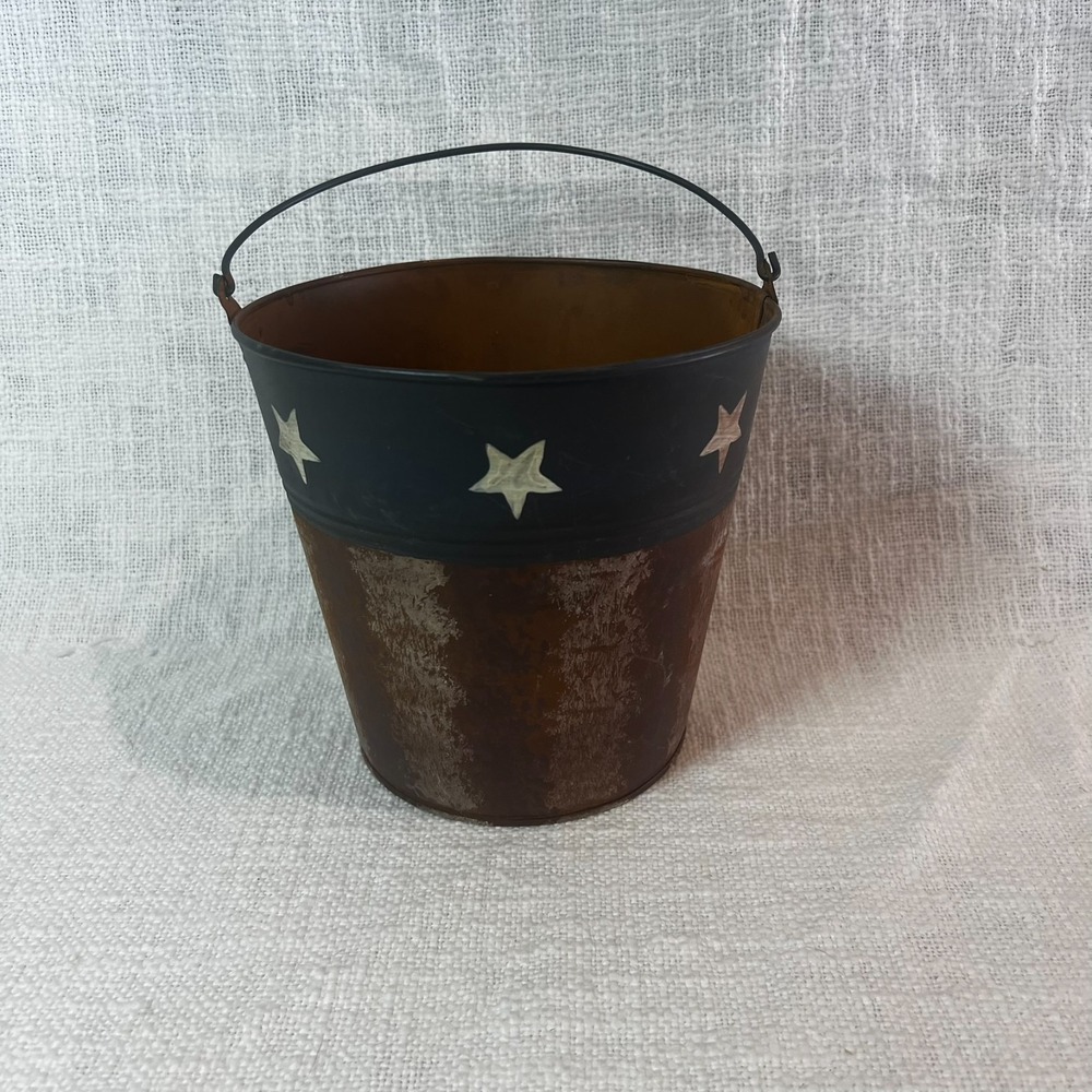 American Flag Pattern Tin Bucket 6.75"H Rustic USA Holiday‎ Seasonal Primitive